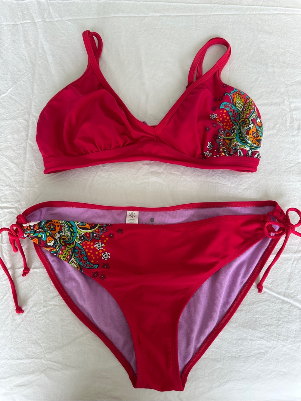 Athleta Red Paisley-Accent Bandeau Bikini XL